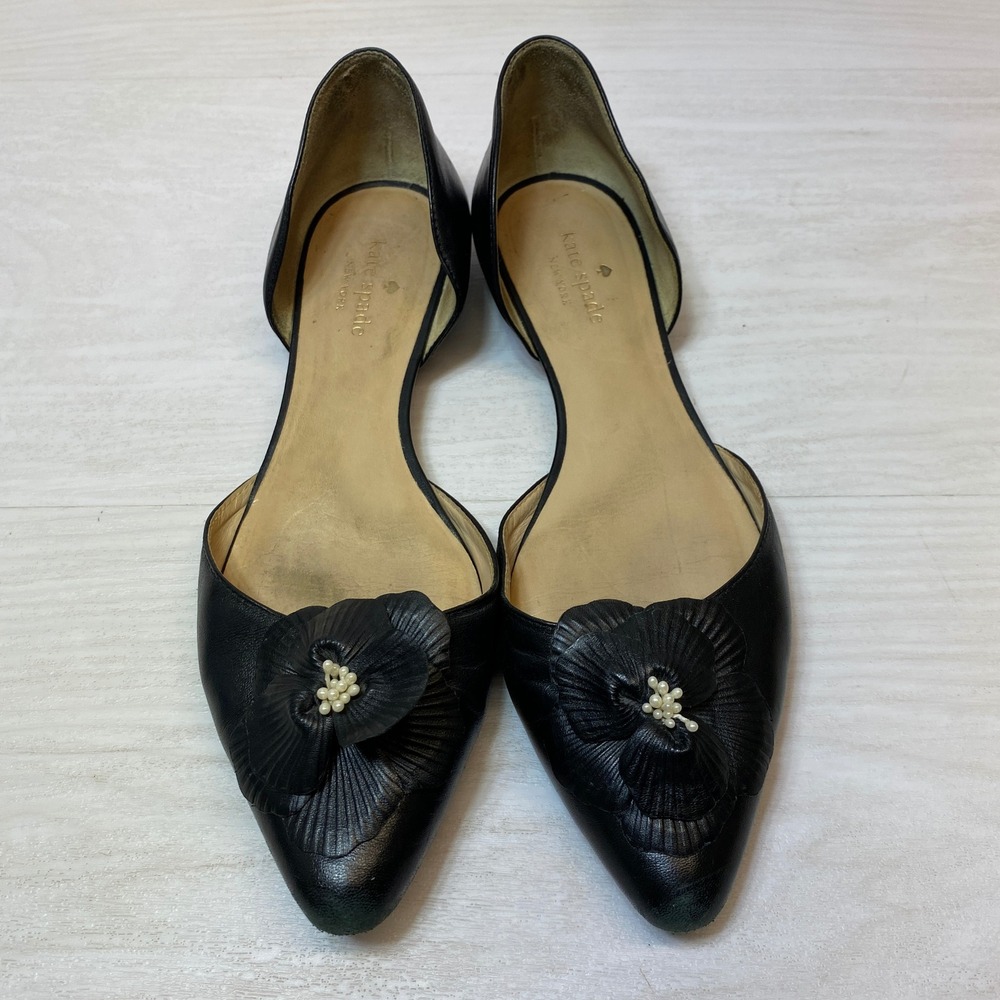 Kate Spade Womens 8.5 M Flats dOrsay Pointed Toe Black Leather Floral Pearl Bead